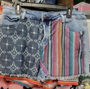 Crazy Train Western Serape Patchwork Denim Shorts